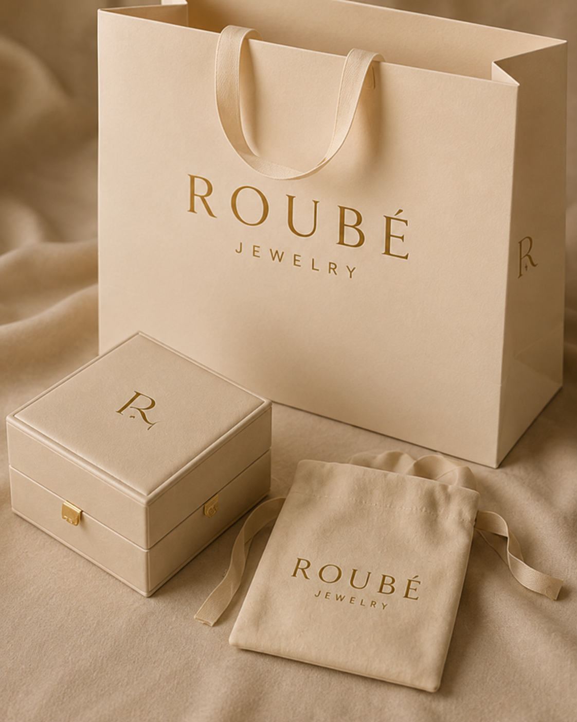 Roubé förpackning — krämfärgad ask med guldband